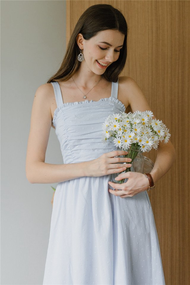 ACW Ruched Front Thick Straps Midi Dress in Embroidery