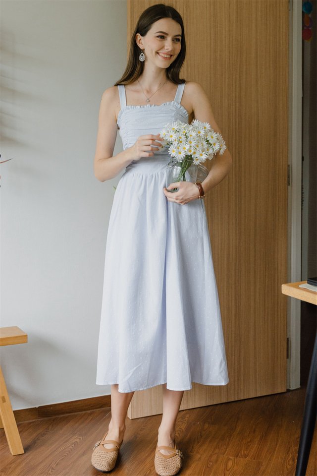 ACW Ruched Front Thick Straps Midi Dress in Embroidery