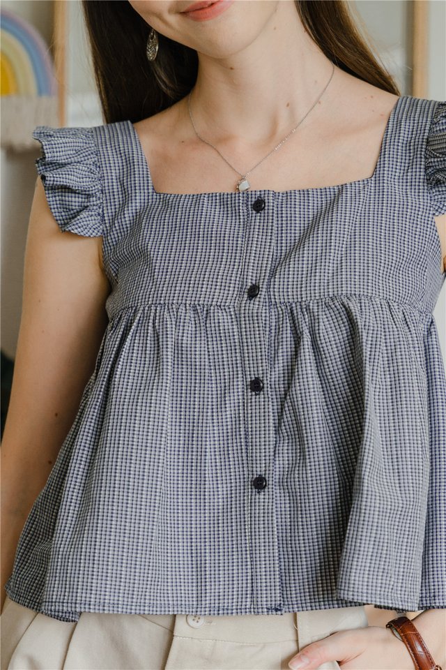 ACW Frill Sleeveless Button Down Top in Navy Gingham