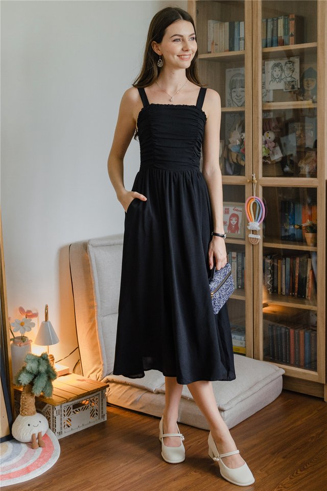 ACW Ruched Front Panel Thick Strap Midi Dress in Black