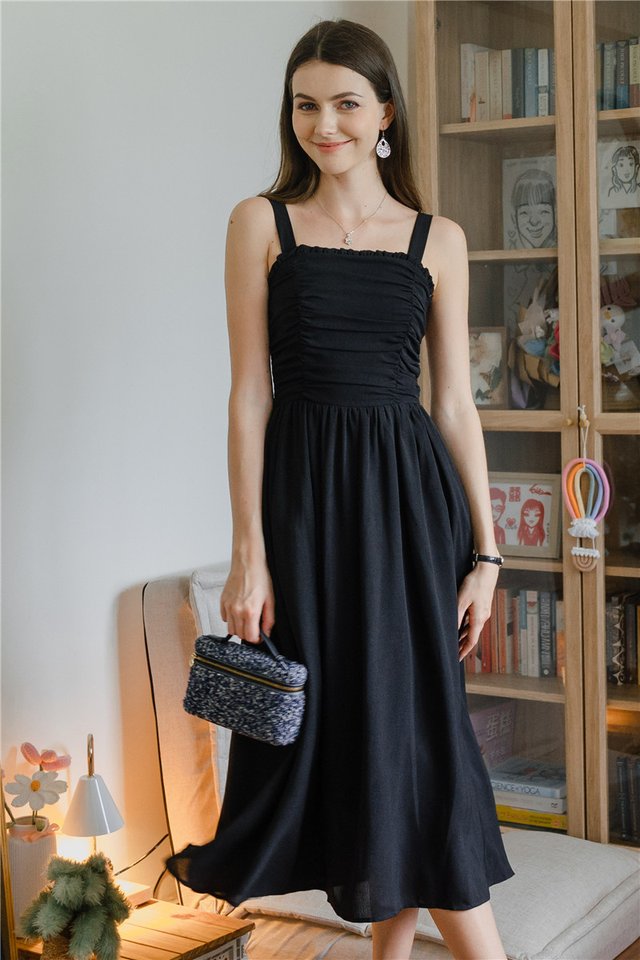 ACW Ruched Front Panel Thick Strap Midi Dress in Black