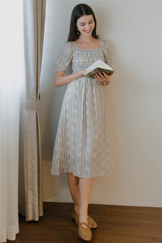 ACW Square Neck Smock Midaxi Dress in White Abstract