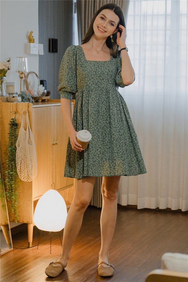 *Preorder* ACW Square Neck Balloon Sleeve Mini Dress in Moss Prints