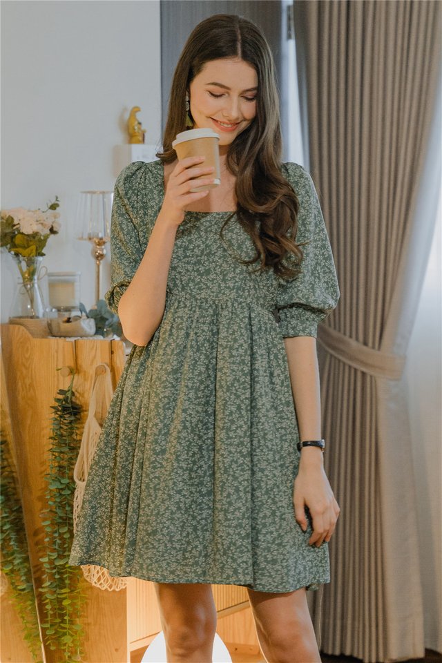 *Preorder* ACW Square Neck Balloon Sleeve Mini Dress in Moss Prints