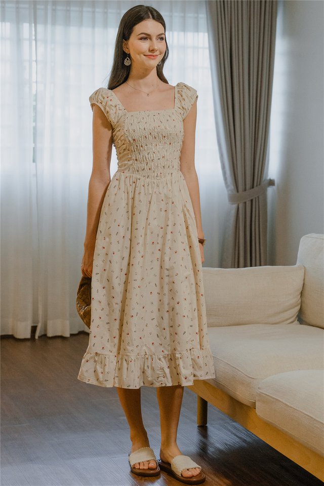 ACW Cap Sleeve Smock Dropwaist Midi Dress in Creme Coloured Floral