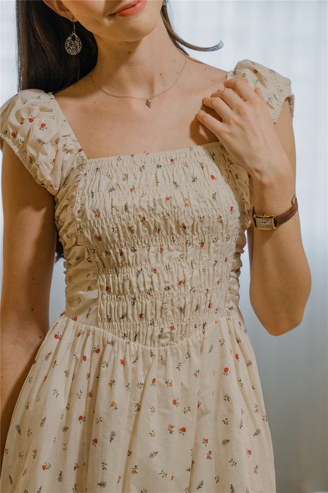 ACW Cap Sleeve Smock Dropwaist Midi Dress in Creme Coloured Floral