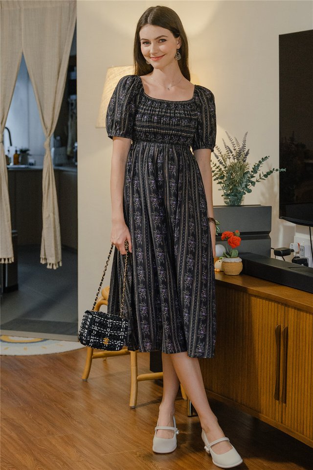 *Preorder* ACW Square Neck Smock Midaxi Dress in Black Abstract