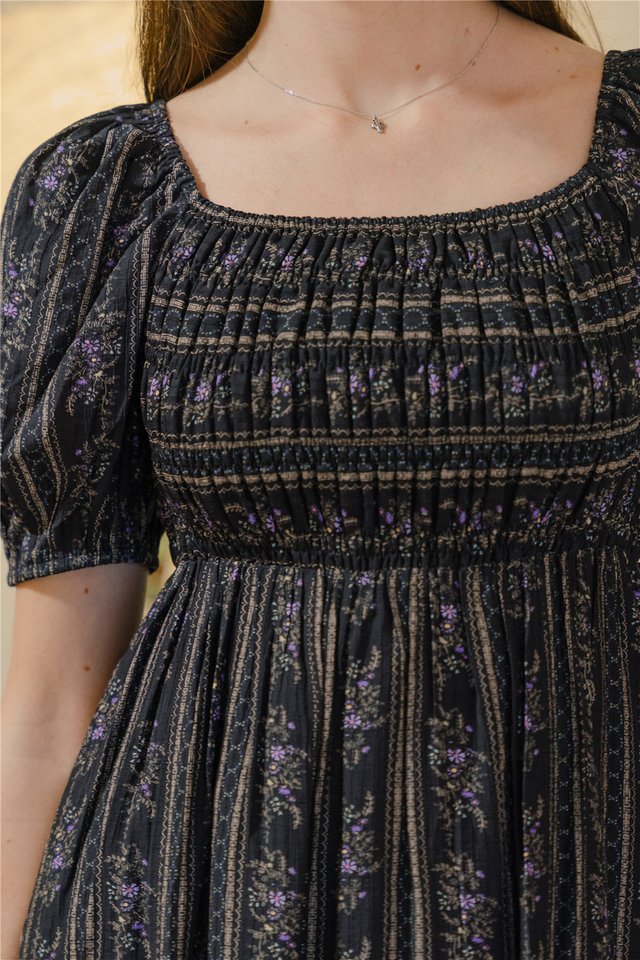 ACW Square Neck Smock Midaxi Dress in Black Abstract