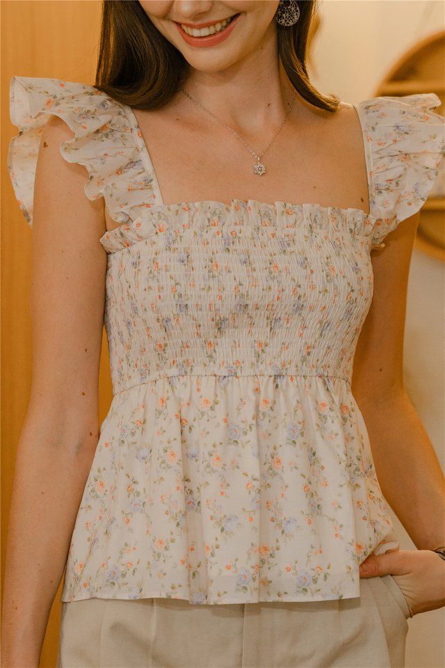 ACW Flutter Sleeveless Smock Babydoll Top in Peach Floral