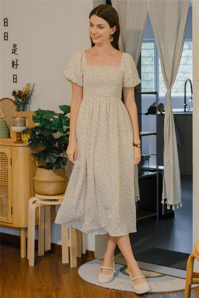 *Preorder* ACW Puff Sleeve Square Neck Smock Midi Dress in Yellow Florals
