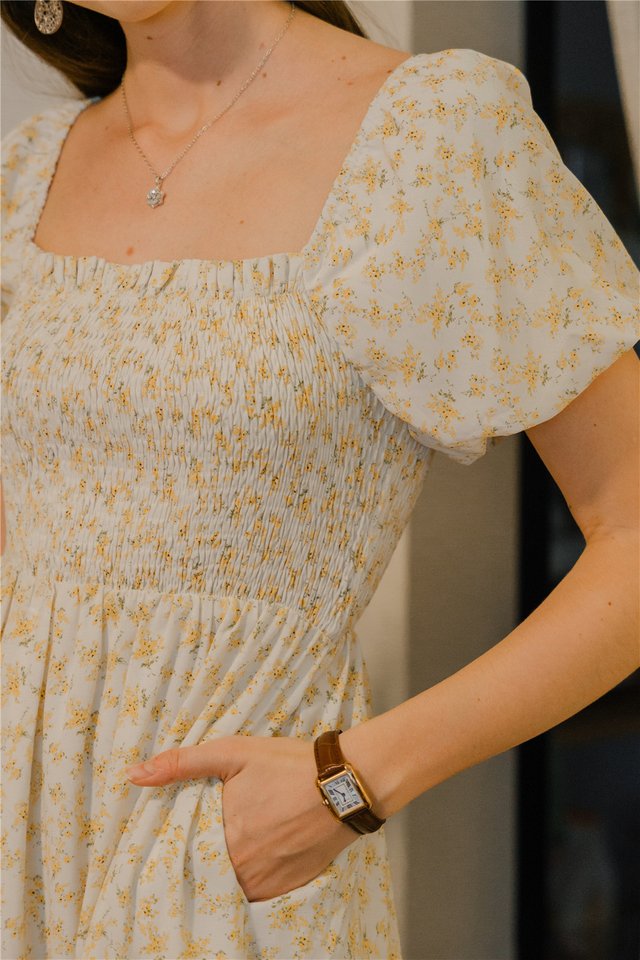*Preorder* ACW Puff Sleeve Square Neck Smock Midi Dress in Yellow Florals