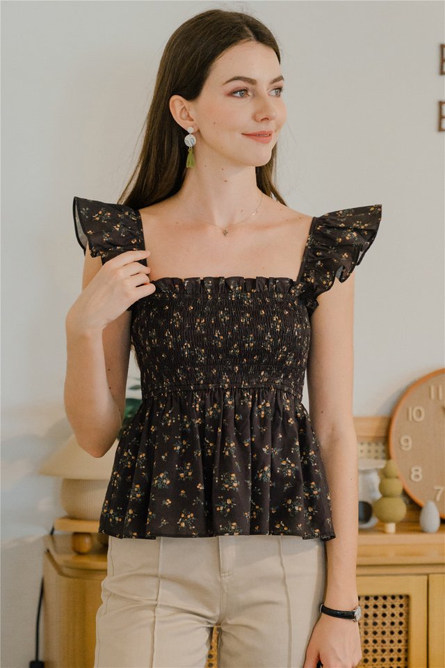 ACW Flutter Sleeveless Smock Babydoll Top in Midnight Floral