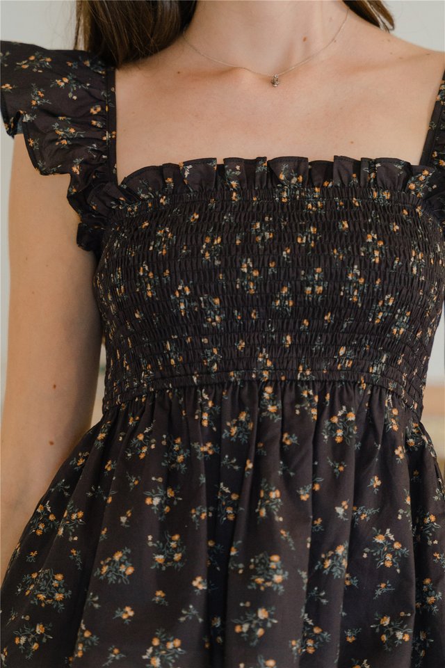 ACW Flutter Sleeveless Smock Babydoll Top in Midnight Floral