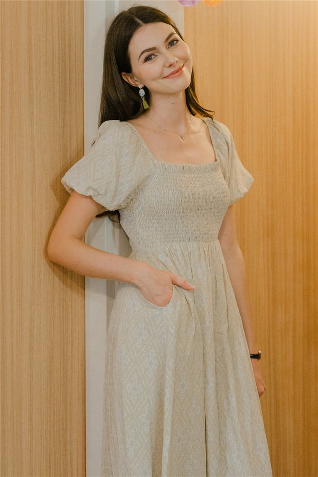 *Preorder* ACW Puff Sleeve Square Neck Smock Midi Dress in Soft Grey Patchwork