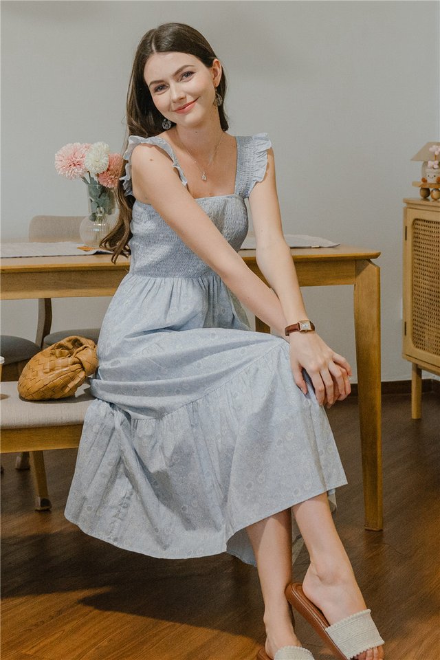 *Preorder* ACW Frill Straps Smock Midi Swing Dress in Sky Blue Florals