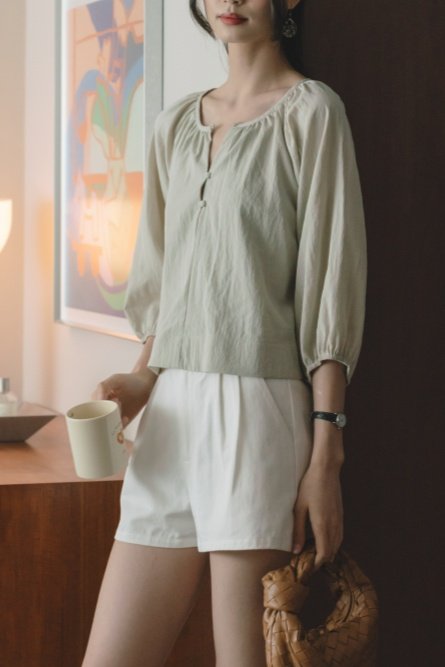 ACW Balloon Sleeve Button Down Blouse in Soft Grey