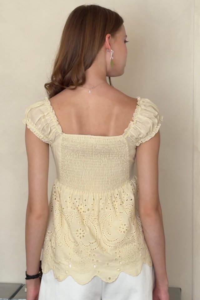 *Preorder* ACW Eyelet Hem Smock Peplum Blouse in Butter