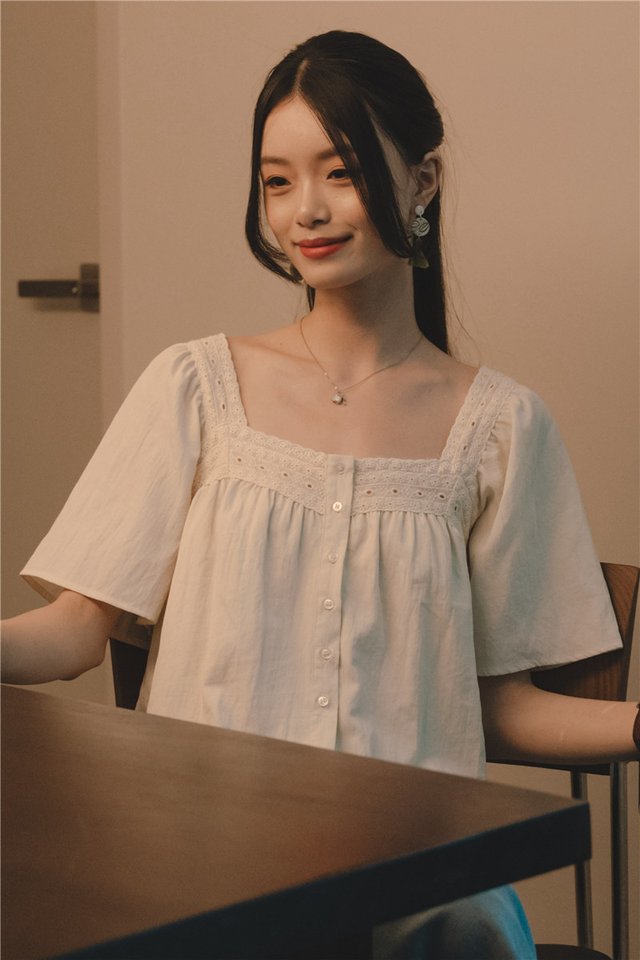 *Preorder* ACW Crotchet Sleeve Square Neck Babydoll Blouse in Cream