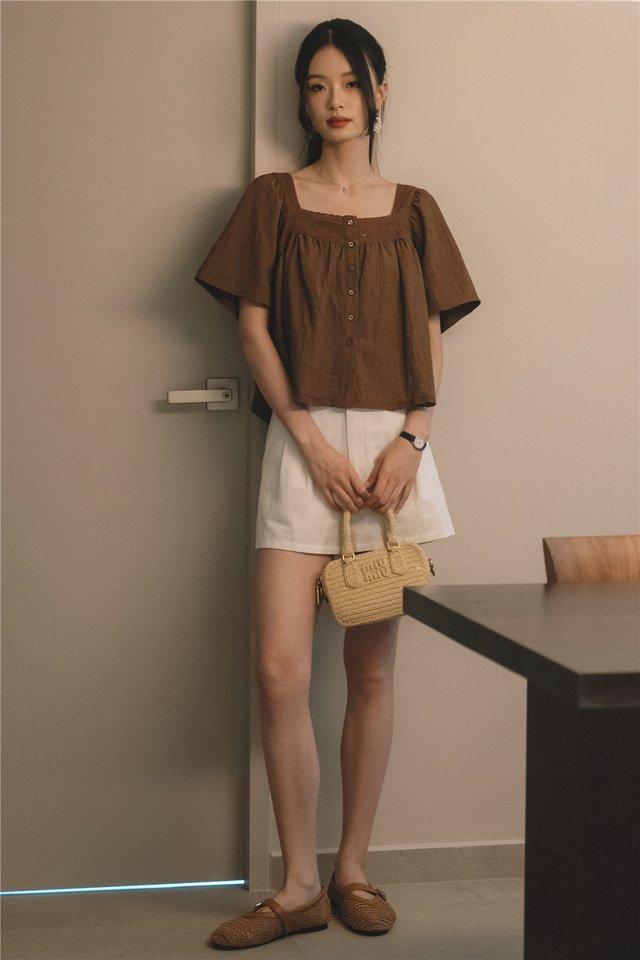 *Preorder* ACW Crotchet Sleeve Square Neck Babydoll Blouse in Cocoa