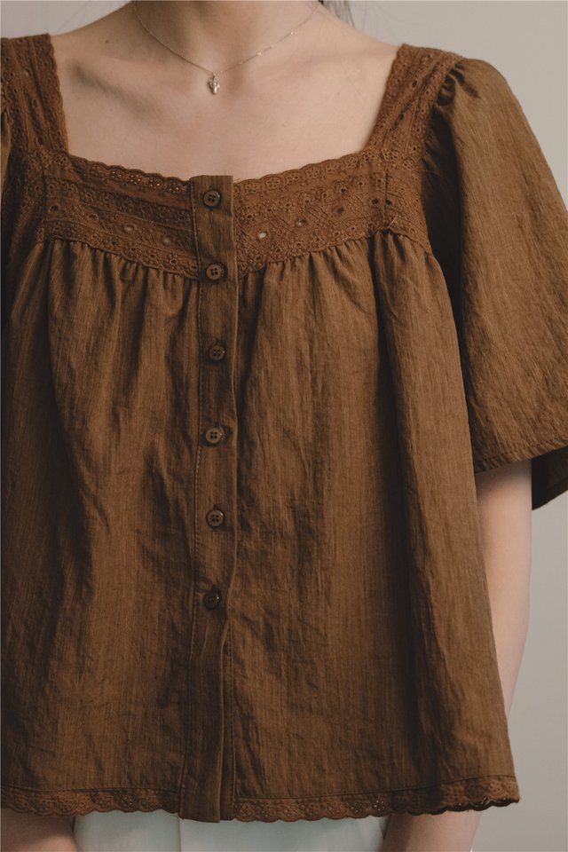 *Preorder* ACW Crotchet Sleeve Square Neck Babydoll Blouse in Cocoa
