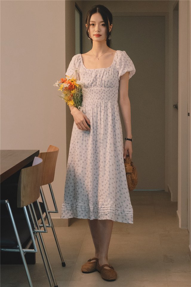 *Preorder* ACW Scoop Neckline Smock Waist Drop Hem Midi Dress in Lilac Floral