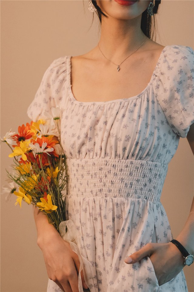 *Preorder* ACW Scoop Neckline Smock Waist Drop Hem Midi Dress in Lilac Floral