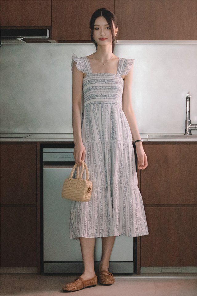 *Preorder* ACW Tiered Lattice Panels Smocked Midi Dress in White Porcelain Floral