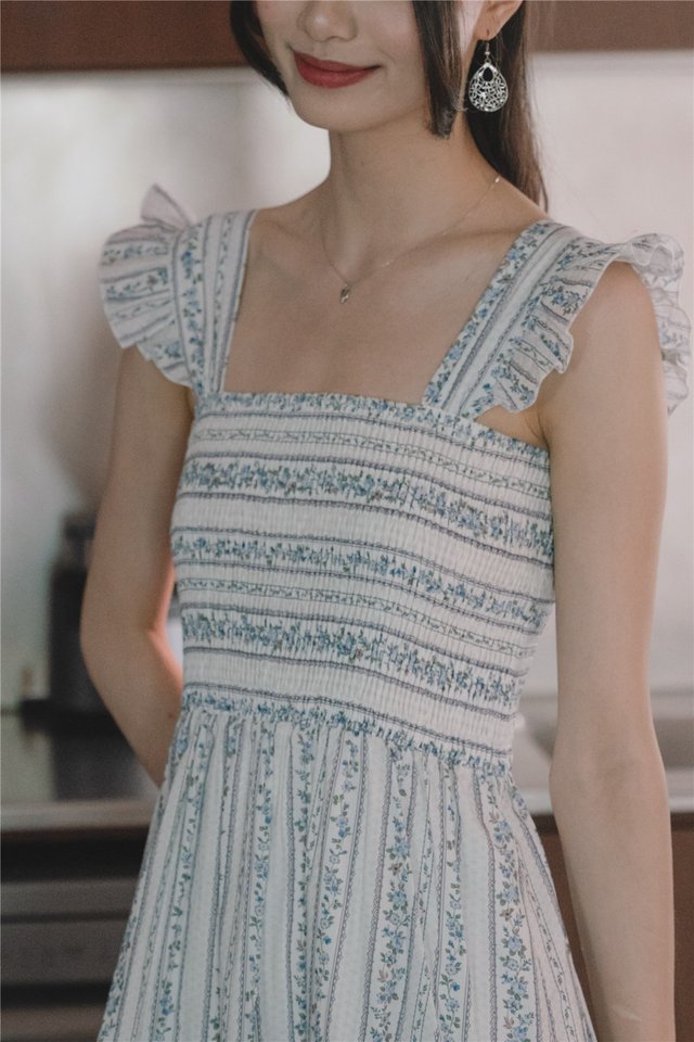 *Preorder* ACW Tiered Lattice Panels Smocked Midi Dress in White Porcelain Floral