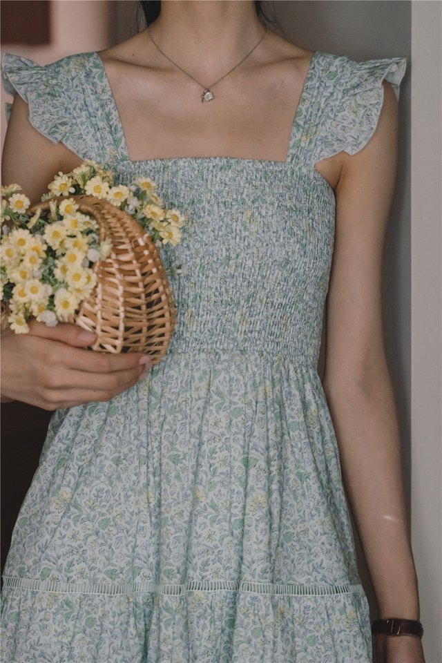 *Preorder* ACW Tiered Lattice Panels Smocked Midi Dress in Sky Florals