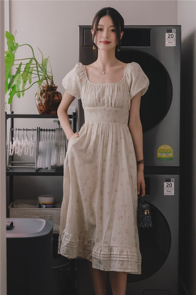 *Preorder* ACW Scoop Neckline Smock Waist Drop Hem Midi Dress in Taupe Floral