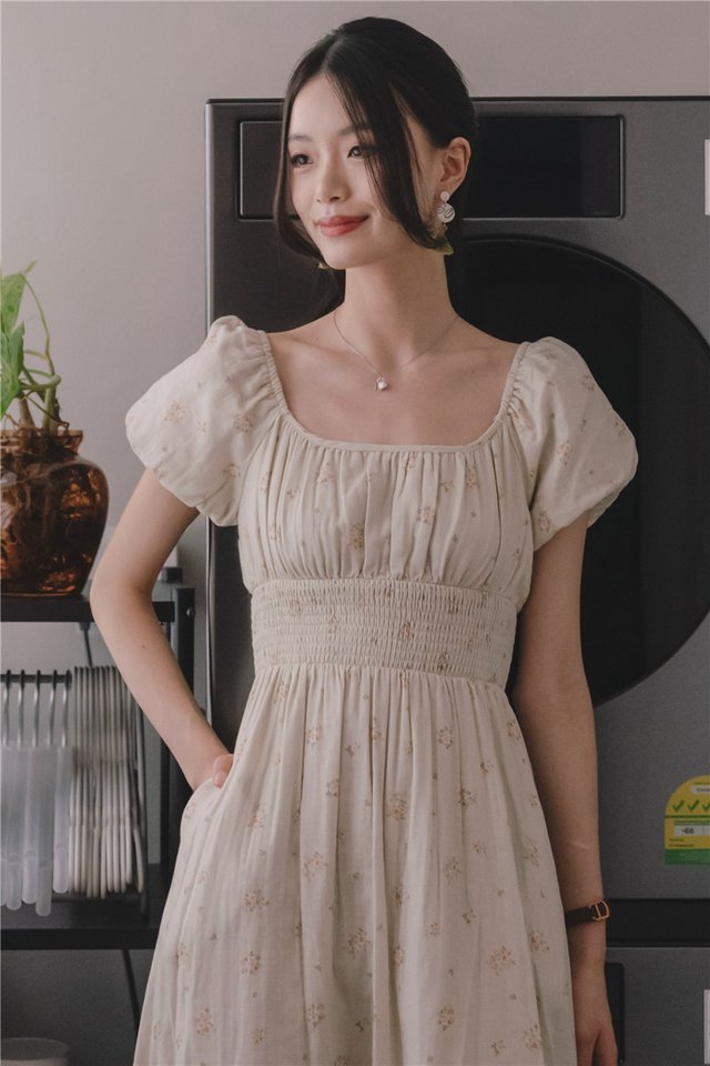 *Preorder* ACW Scoop Neckline Smock Waist Drop Hem Midi Dress in Taupe Floral