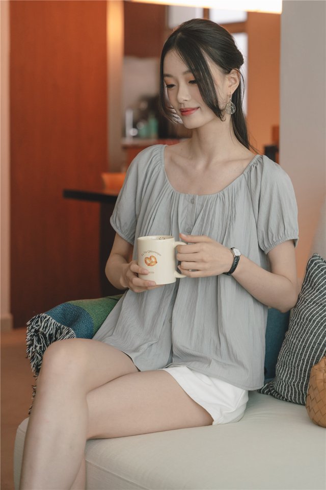 *Preorder* ACW Relaxed Scoop Neck Button Down Blouse in Dusk Blue