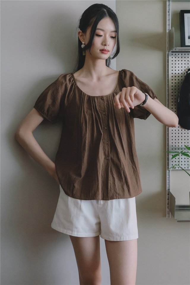 *Preorder* ACW Relaxed Scoop Neck Button Down Blouse in Cocoa