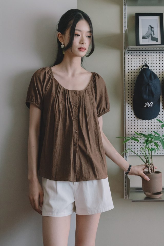 *Preorder* ACW Relaxed Scoop Neck Button Down Blouse in Cocoa