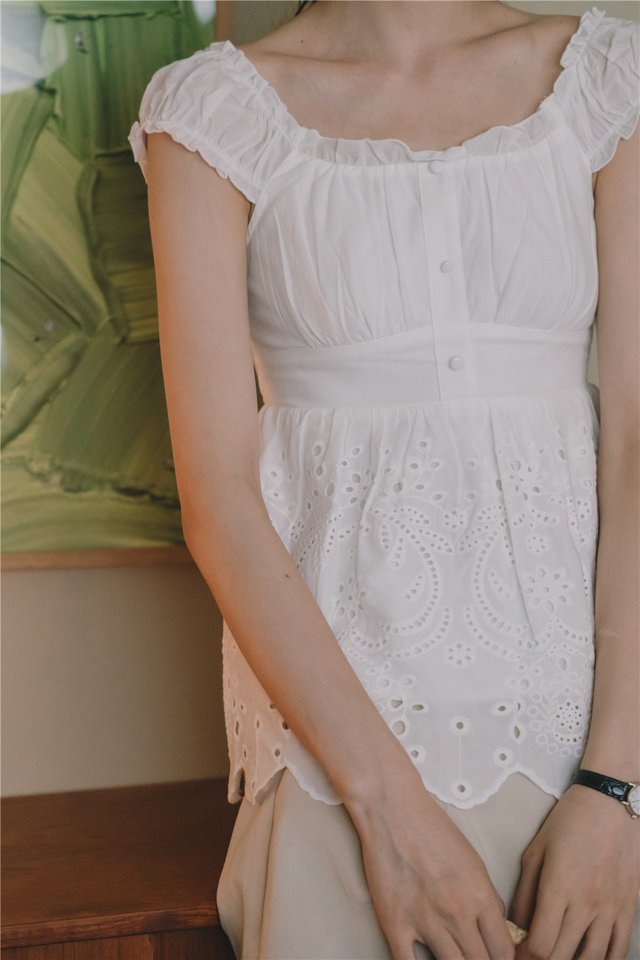 *Preorder* ACW Eyelet Hem Smock Peplum Blouse in White