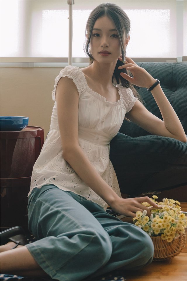 *Preorder* ACW Eyelet Hem Smock Peplum Blouse in White