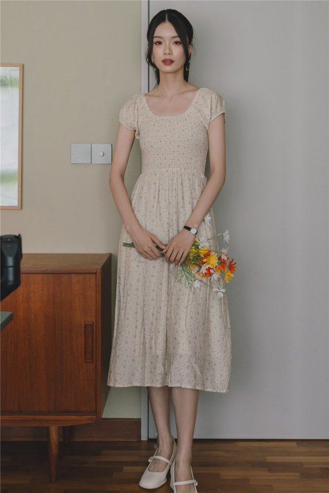 *Preorder* ACW U Neck Cap Sleeve Smock Midi Dress in Taupe Florals
