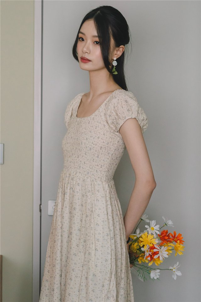 *Preorder* ACW U Neck Cap Sleeve Smock Midi Dress in Taupe Florals