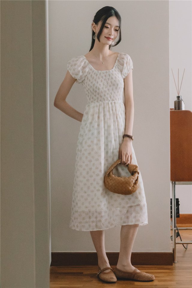 *Preorder* ACW U Neck Cap Sleeve Smock Midi Dress in White Florals