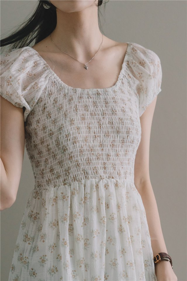 *Preorder* ACW U Neck Cap Sleeve Smock Midi Dress in White Florals