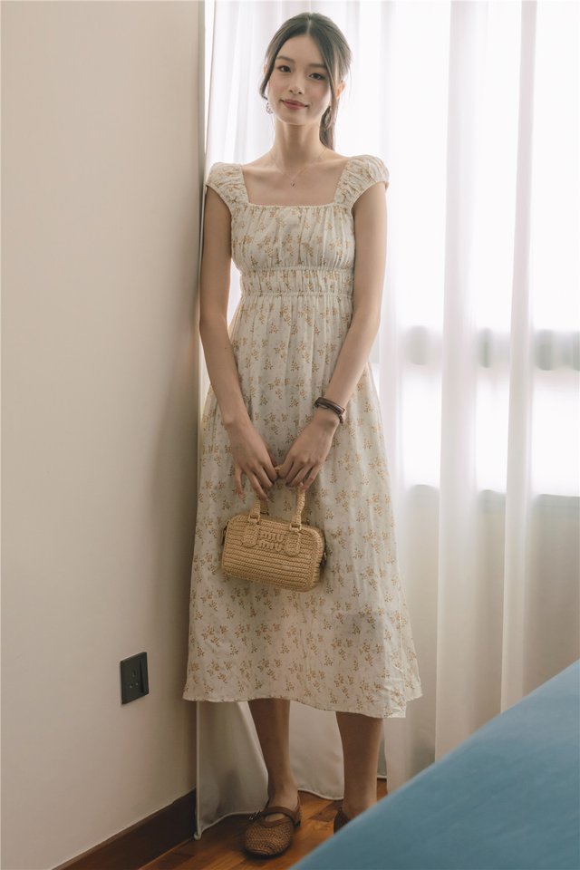*Preorder* ACW Ruched Cap Sleeve Midi Dress in Yellow Petit Florals