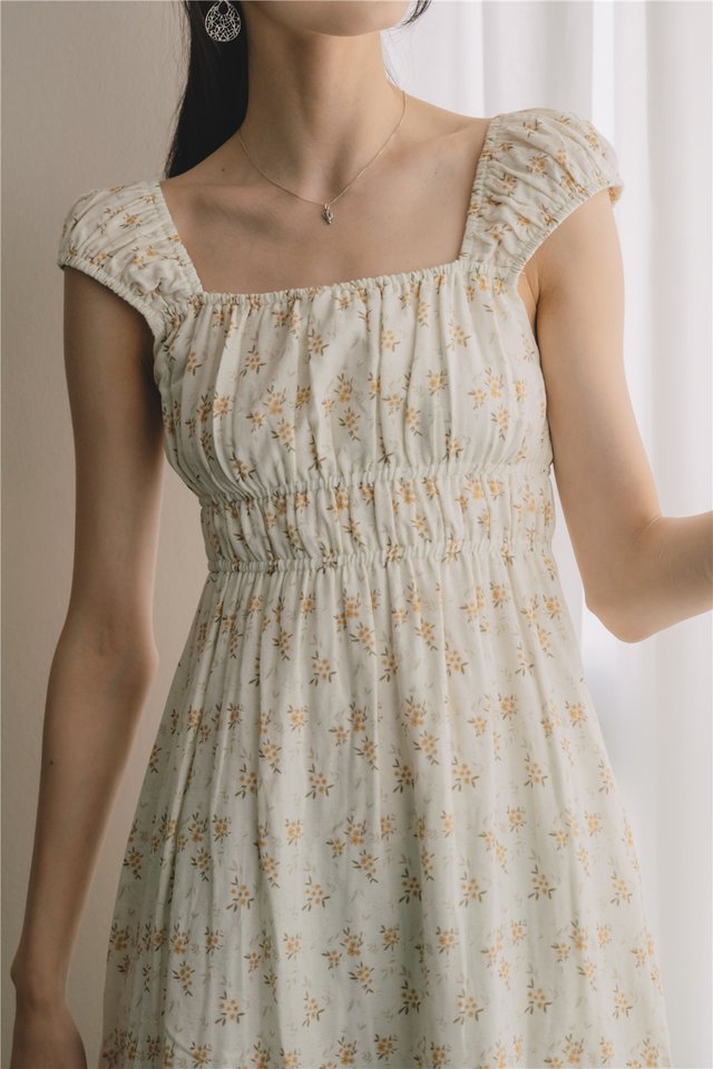 *Preorder* ACW Ruched Cap Sleeve Midi Dress in Yellow Petit Florals