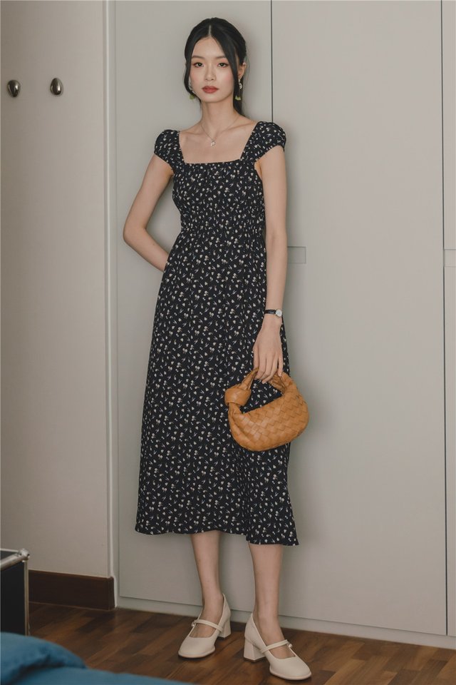 *Preorder* ACW Ruched Cap Sleeve Midi Dress in Dark Midnight Florals