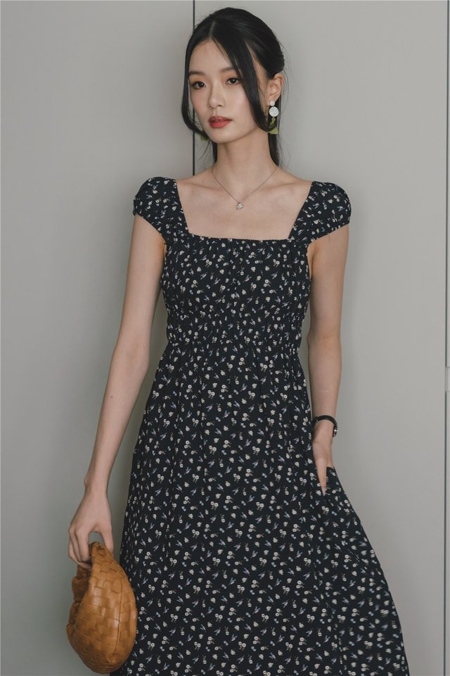 *Preorder* ACW Ruched Cap Sleeve Midi Dress in Dark Midnight Florals