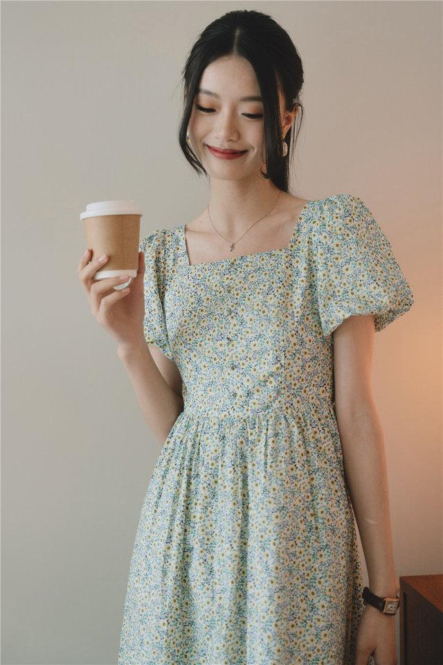 *Preorder* ACW Button Panel Sleeved Swing Midi Dress in Sunflower Print
