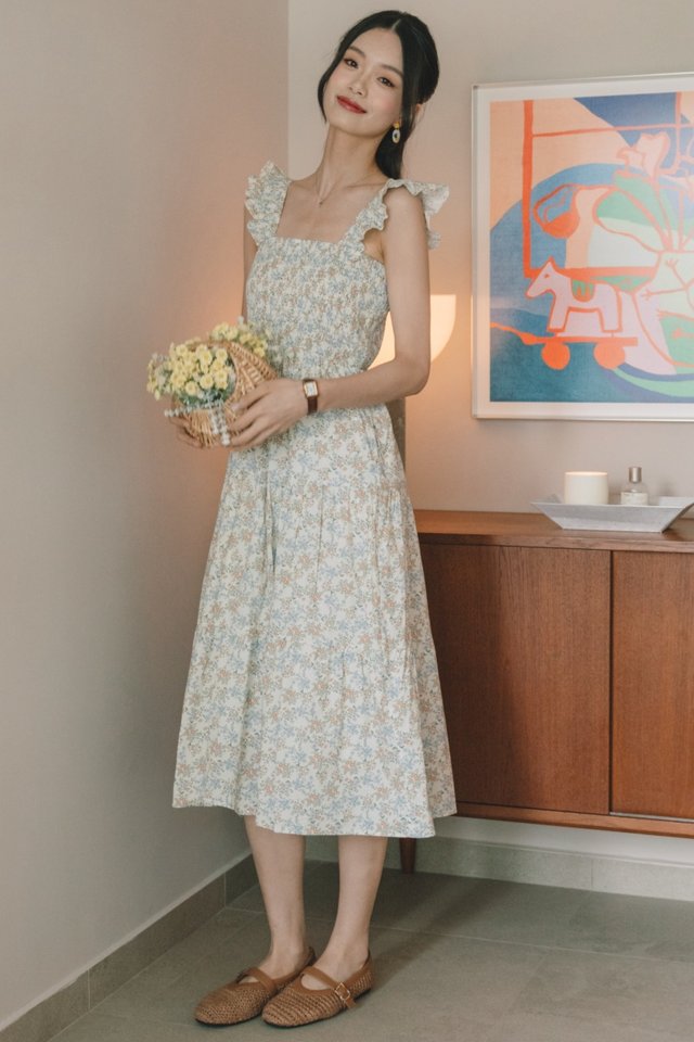 ACW Frill Straps Smock Midi Swing Dress in Creme Florals