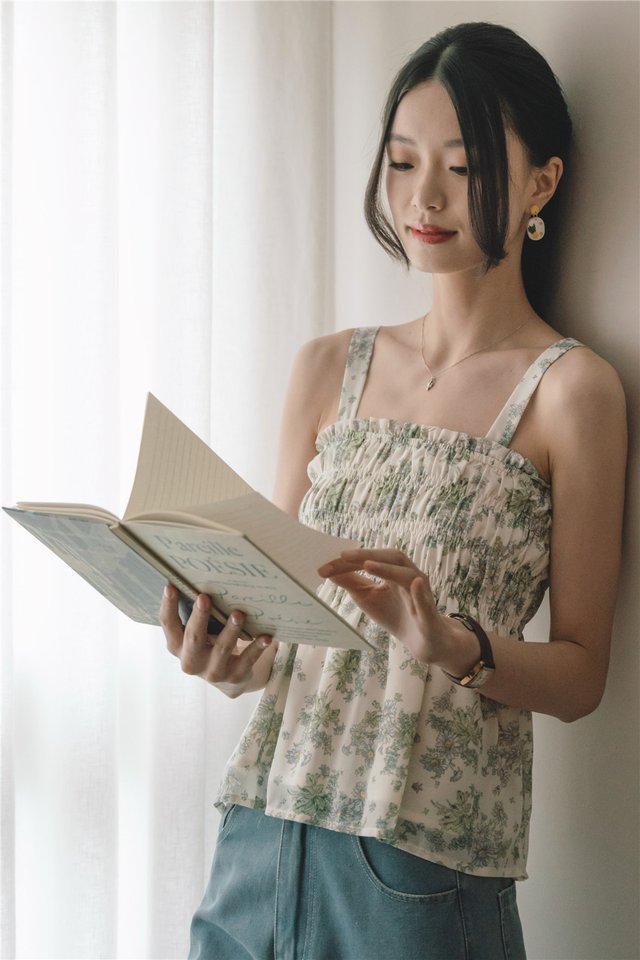 *Backorder* ACW Thick Strap Smock Babydoll Top in Sage Floral