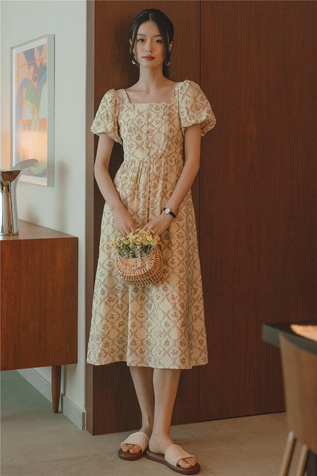*Preorder* ACW Button Panel Sleeved Swing Midi Dress in Buttercreme Florals
