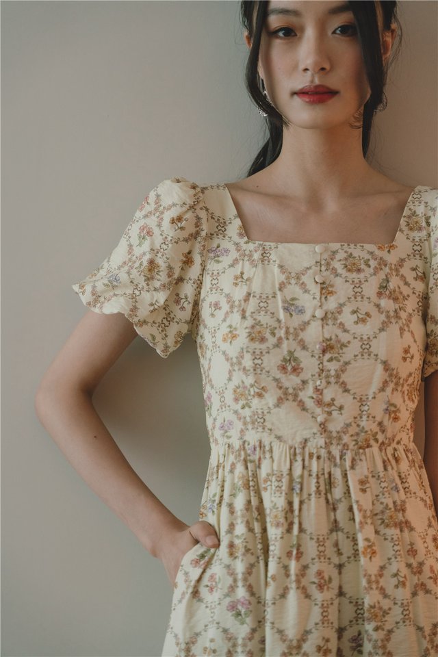 *Preorder* ACW Button Panel Sleeved Swing Midi Dress in Buttercreme Florals