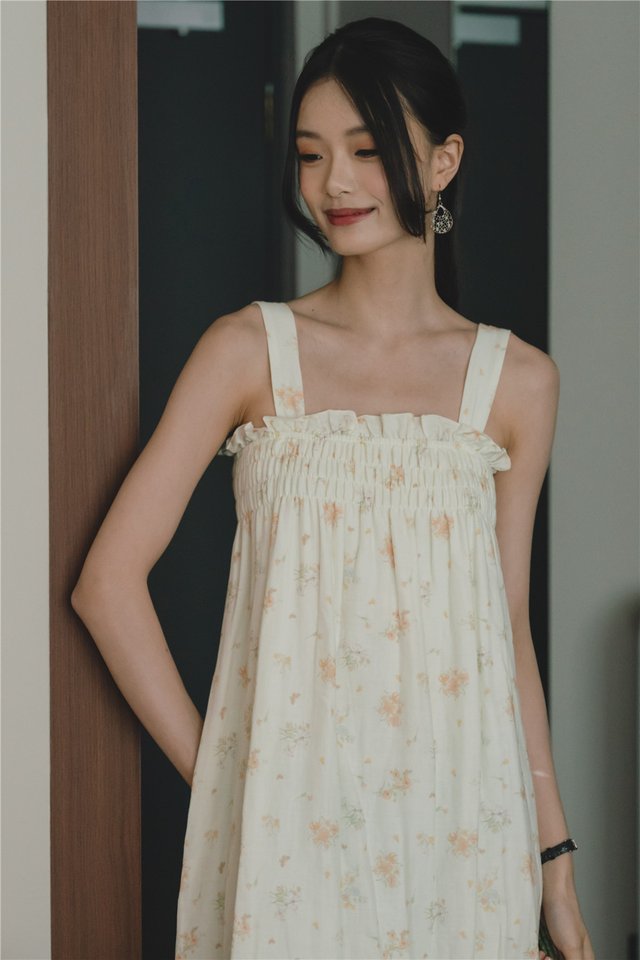 *Preorder* ACW Sleeveless Thick Strap Smock Midi Dress in Floral Print